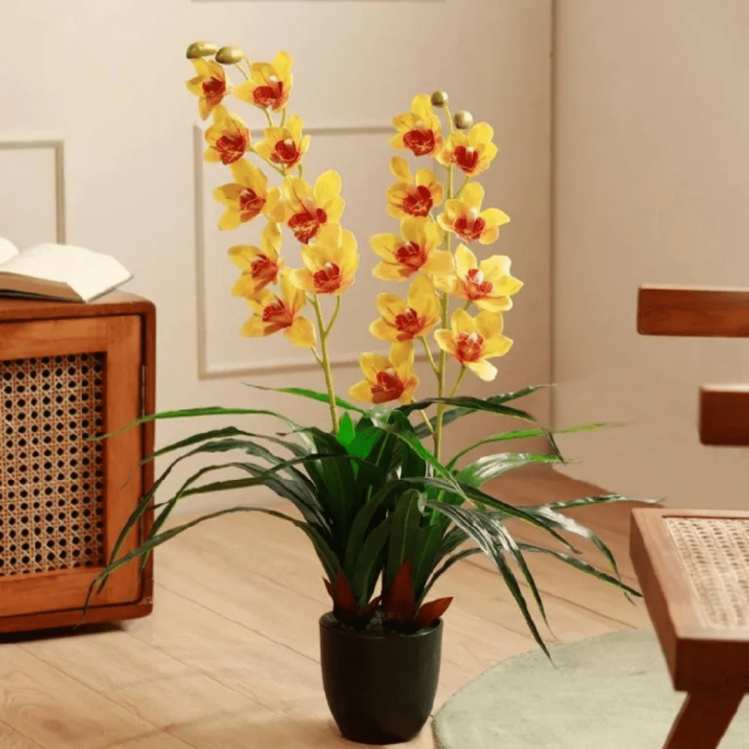 Planta Orquídea Artificial - Amarillo/Blanco Altura 88 cm-Dreamy Home